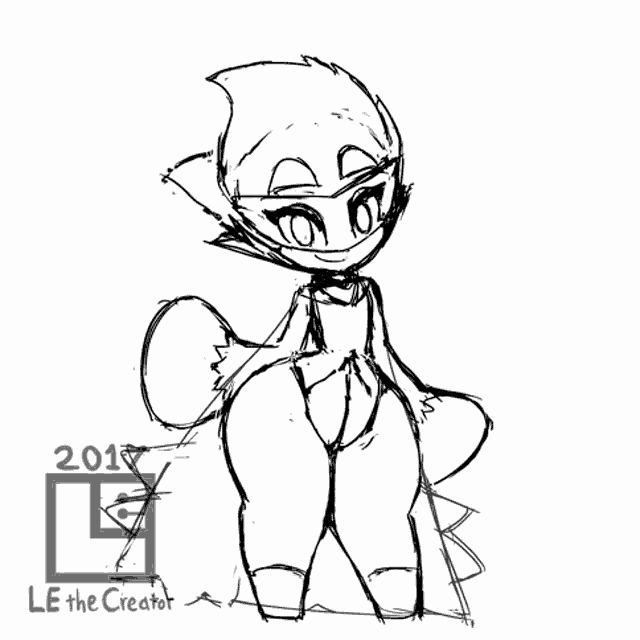 a black and white drawing of a character with the year 2017