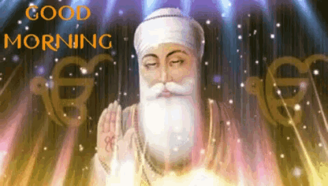 a man with a beard and mustache is praying with the words good morning written above him