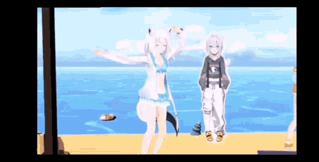 a couple of anime girls are standing on a beach .