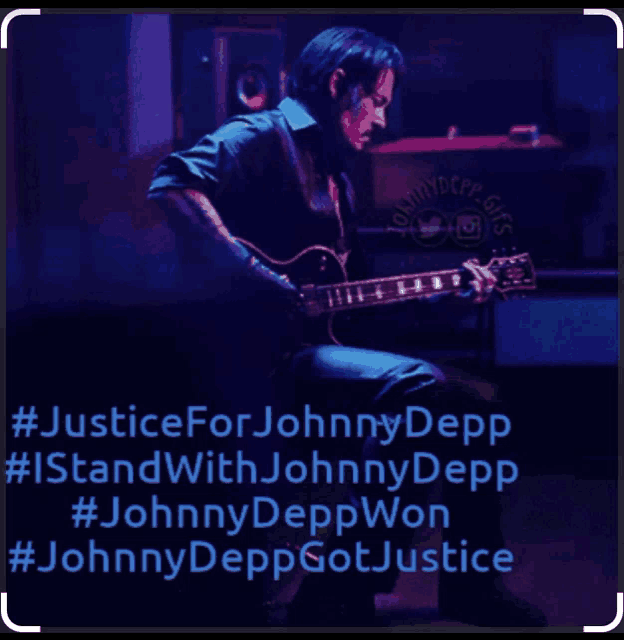 a picture of a man playing a guitar with the words justice for johnny depp on the bottom
