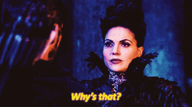 a woman talking to a man with the words " why 's that " above her