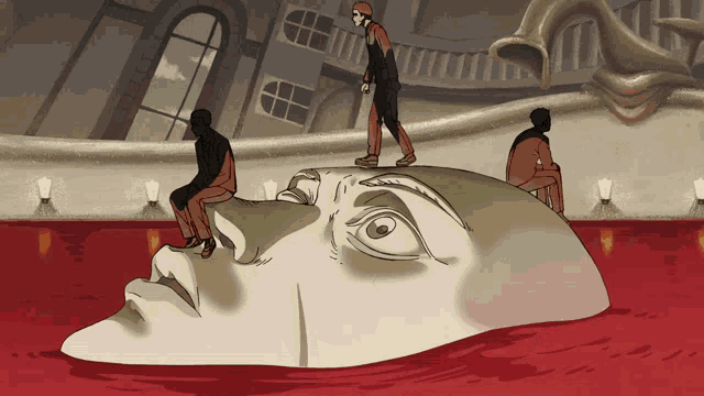 a cartoon of a man standing on top of a statue of a face