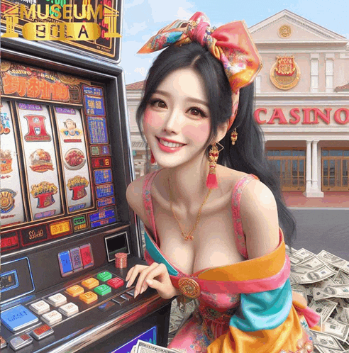 a woman is playing a slot machine in front of a casino building