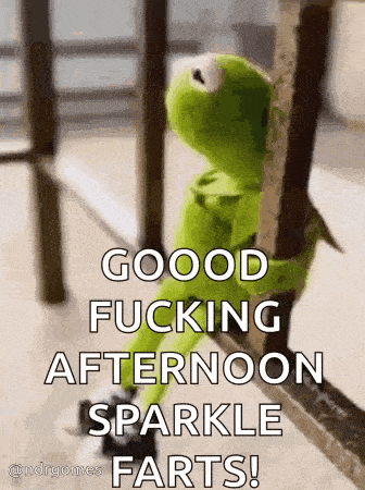 kermit the frog is sitting on a railing with the words `` good fucking afternoon sparkle farts '' .