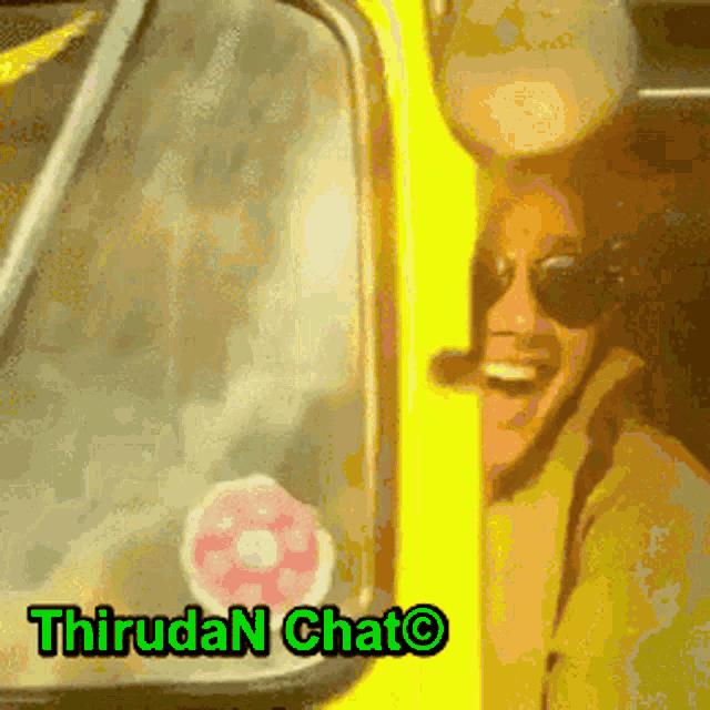 a picture of a man in a yellow car with the words thrudan chat written above him