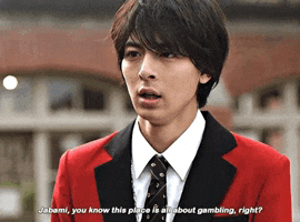 a man in a red suit and tie says " jabami you know this place is about gambling right ? "