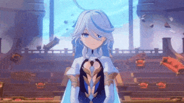 a girl with white hair and blue eyes is standing in a room with a purple background .