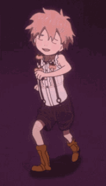 a cartoon character with pink hair and brown shorts
