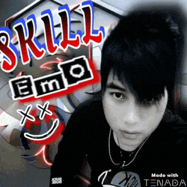 a picture of a boy with the words skill emo written above him
