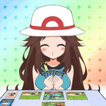 a girl wearing a hat is playing pokemon cards