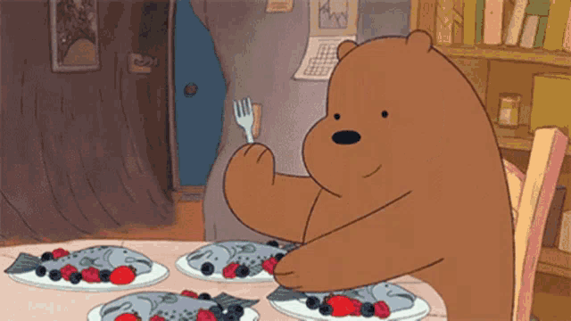 a cartoon bear is sitting at a table eating fish and berries