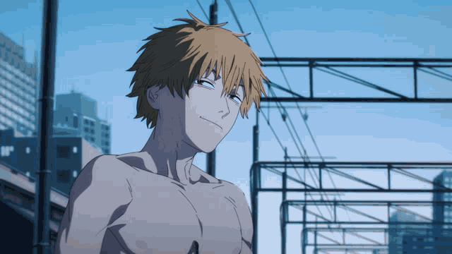 a drawing of a shirtless anime character with a city in the background