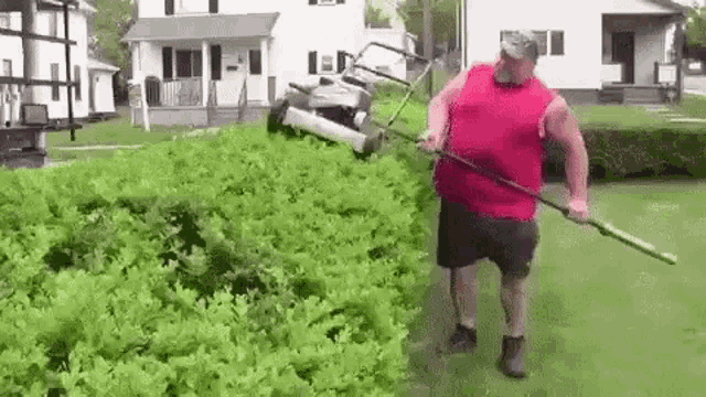 a man is standing in front of a lawn mower holding a rake in his hand .
