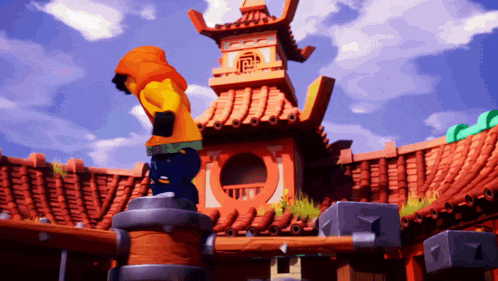 a lego figure is standing in front of a building with a chinese symbol on it
