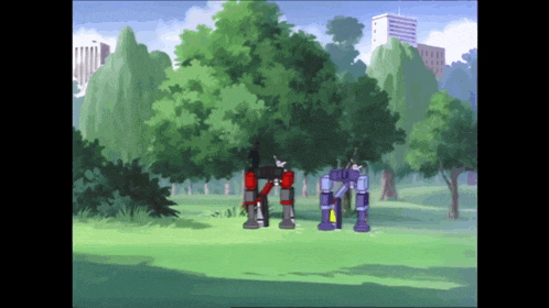 a couple of robots are standing in a park with trees