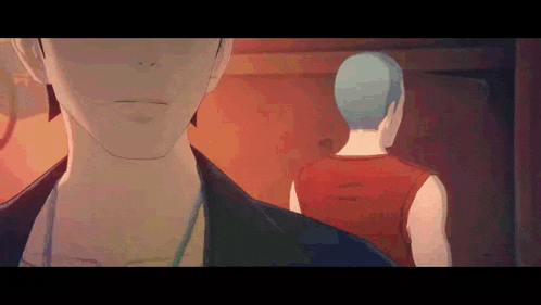 a man with blue hair stands next to another man in a red tank top