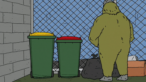 a cartoon drawing of a monster standing next to garbage bins