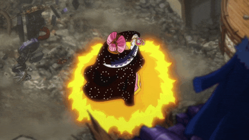 a cartoon character with a pink flower on her head is surrounded by fire