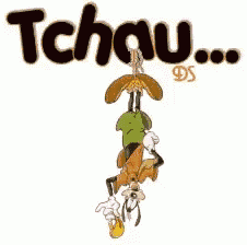 a cartoon of goofy hanging upside down with the word tchau written above him
