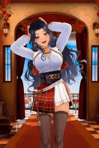 a girl in a plaid skirt is standing in a room