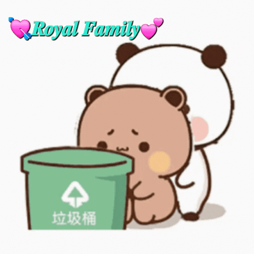 a cartoon of a bear putting something into a green trash can with the words royal family written above it