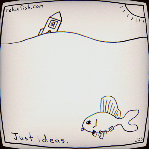 a drawing of a fish and a flower with the words just ideas written below it