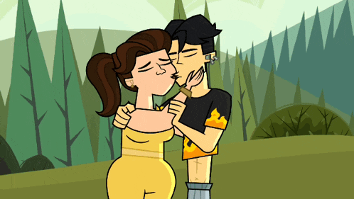 a cartoon of a man and a woman kissing in front of trees