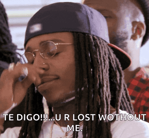 a man with dreadlocks wearing a hat and glasses says te digo