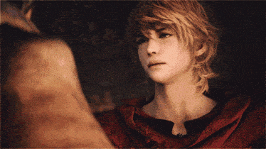 a girl with blonde hair is wearing a red sweater