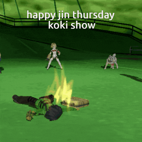 a screenshot of a video game with the words happy jin thursday koki show