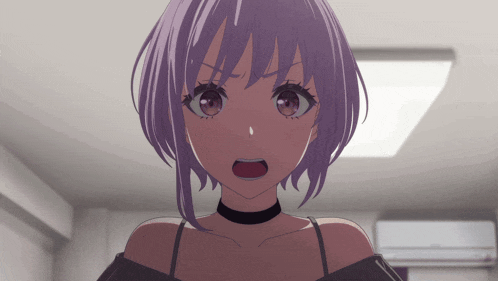a girl with purple hair and a choker looks angry