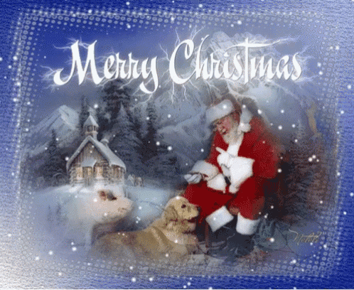 a merry christmas card with santa claus and his dog