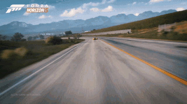 a forza horizon 5 ad shows a car driving down a road