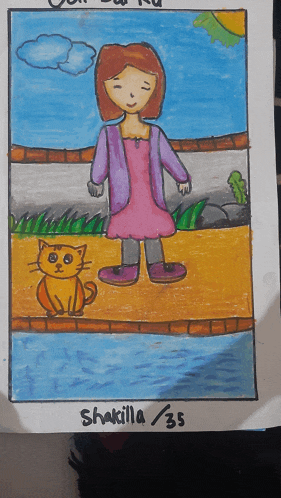 a drawing of a girl standing next to a cat with the name shakilla on the bottom