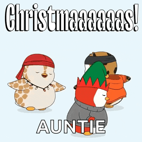 a christmas greeting card with three penguins and the name auntie on it
