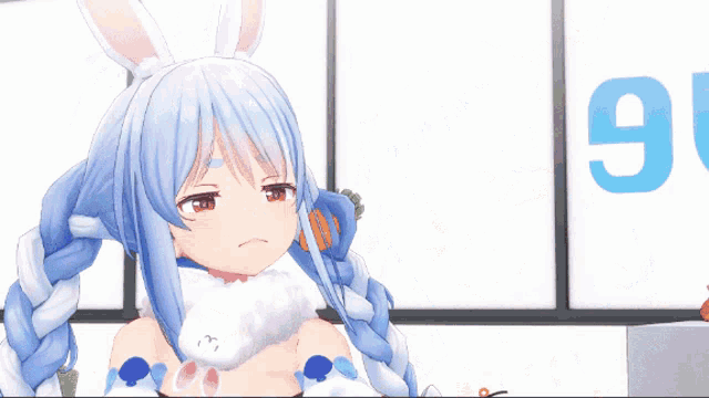a girl with a bunny ear is standing next to another girl with blue hair and red eyes