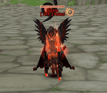 a video game character called divine ark rebel is standing on a stone floor