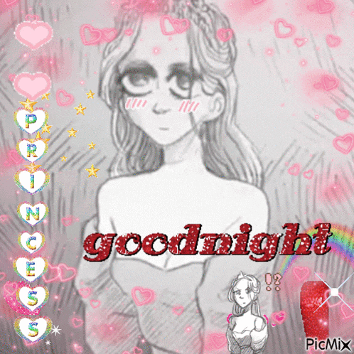 a drawing of a girl with the words goodnight written in red