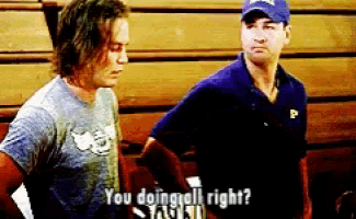 two men are standing next to each other and one of them is asking the other " you doing all right "