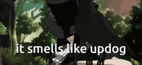 a picture of a man in a top hat with the words " it smells like updog " below him