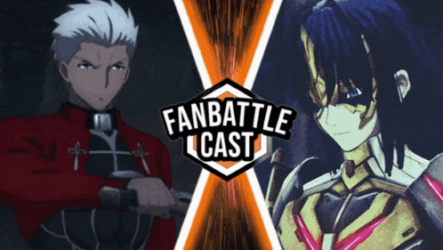 a poster for a fan battle cast with two anime characters on it