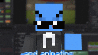 a blue minecraft character with a mustache and the words and animating behind him