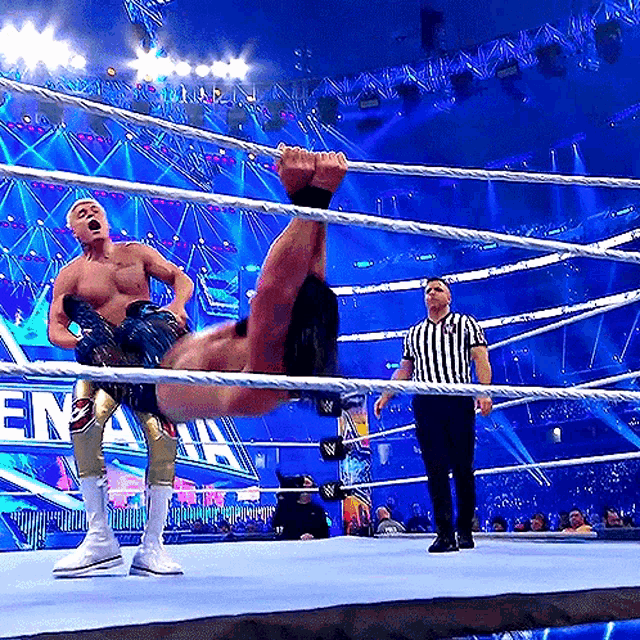 a referee watches a wrestler fall through the ropes during a match