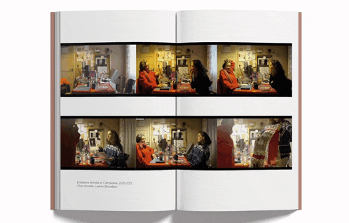 a book is open to a page with a picture of a woman sitting at a table and the year 2020 on the bottom