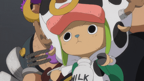 a cartoon character wearing a cow hat and holding a bottle that says milk