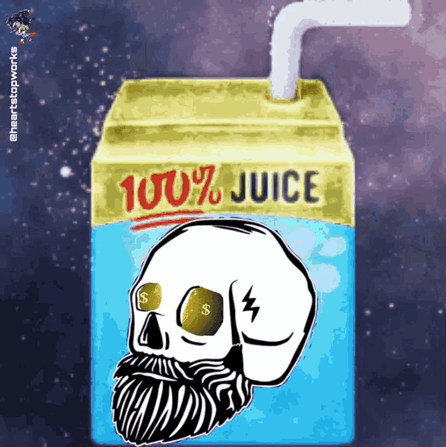 a box of 100 % juice has a skull with a beard and gold eyes