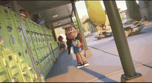 a cartoon character stands in front of a row of lockers