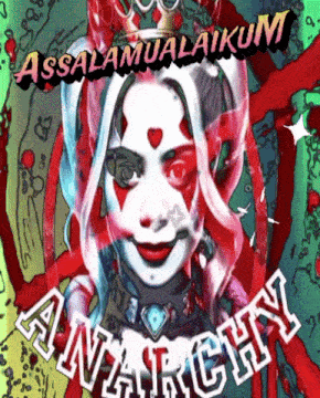 a clown with a crown on her head and anarchy written on the bottom
