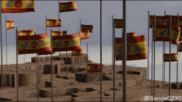 a bunch of spanish flags are waving in the wind with a watermark that says sanga023o