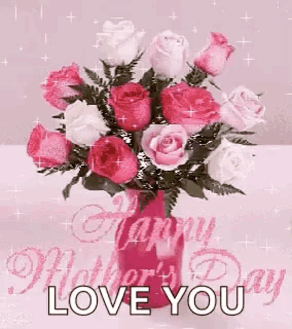a bouquet of pink and white roses in a pink vase on a table for mother 's day .